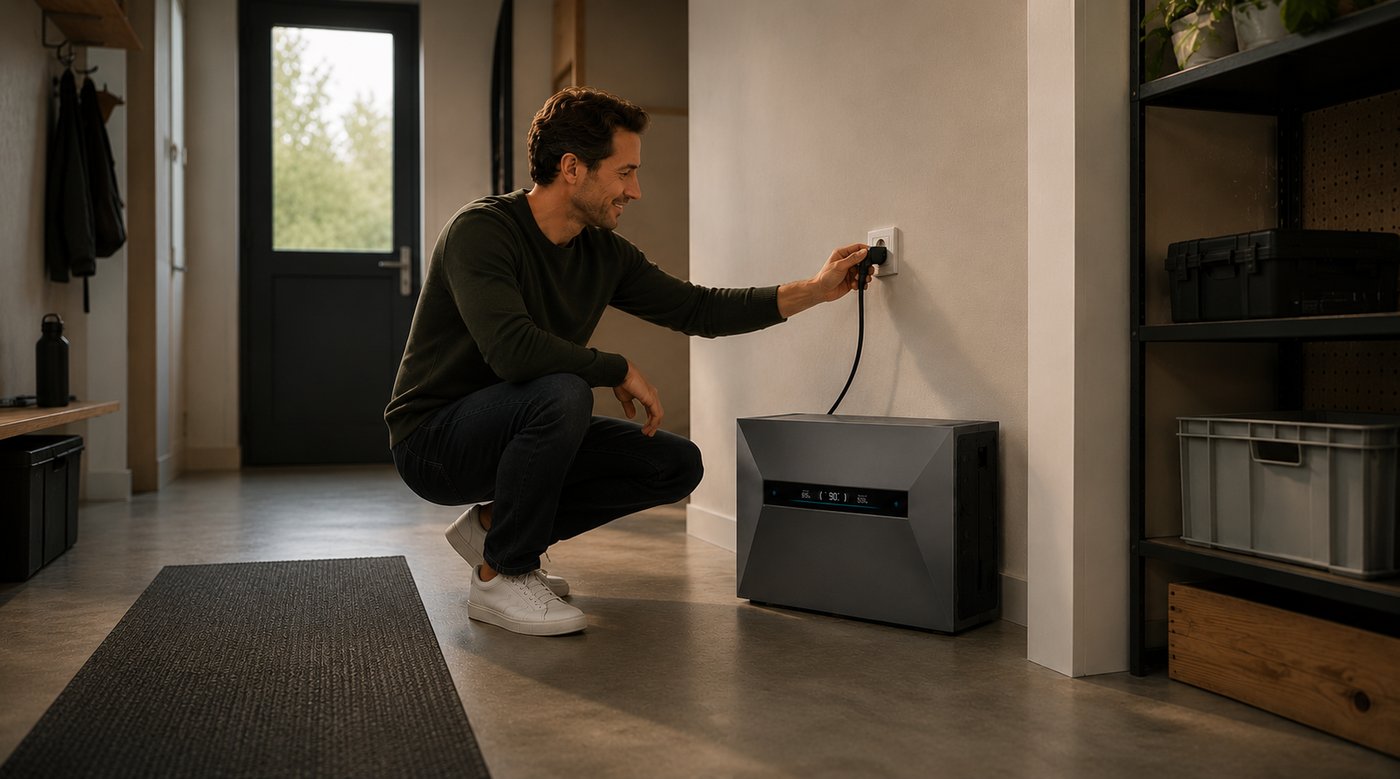 Man sluit zijn Nxtenergie Flex thuisbatterij zelf aan