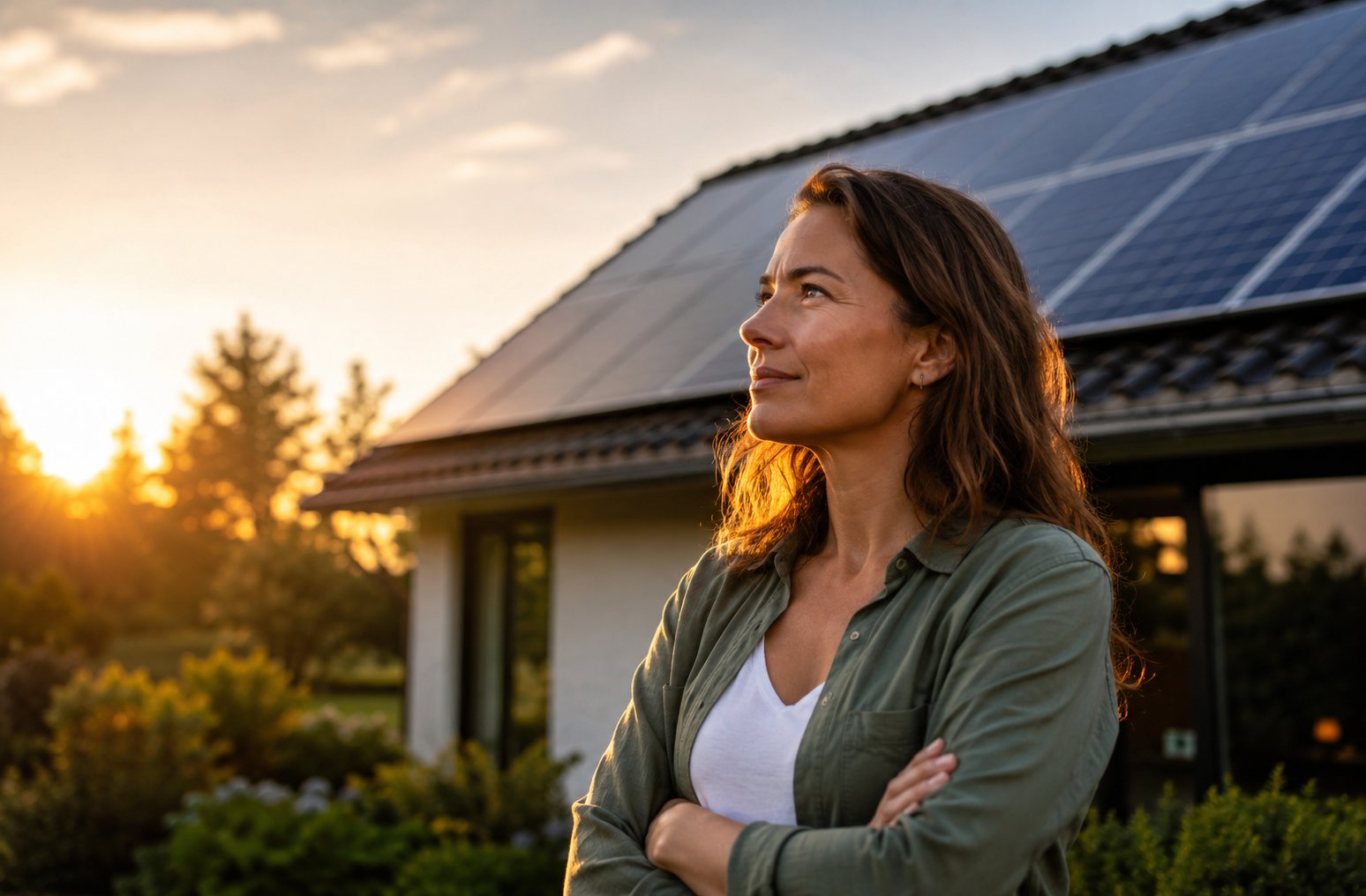 Vrouw kijkt naar haar woning met zonnepanelen bij zonsondergang